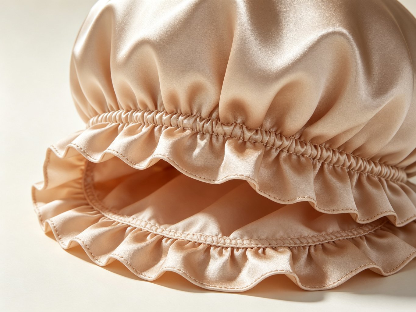 Close-up of the ruffled double-layer edge and elastic band on a satin sleep bonnet