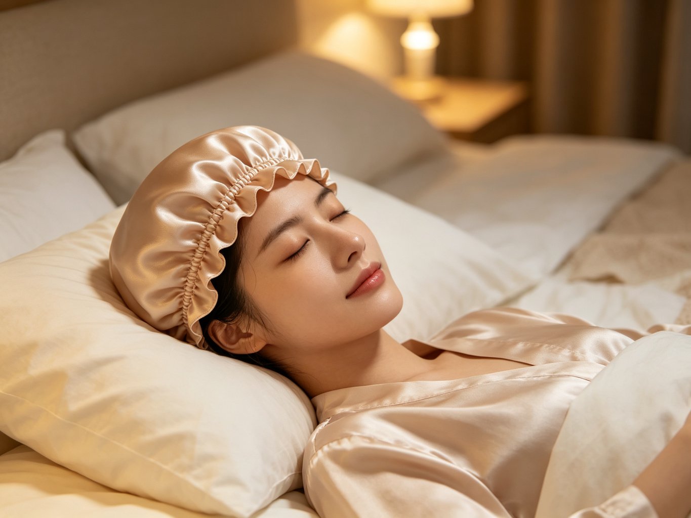 Woman sleeping on a pillow wearing a satin sleep bonnet that protects hair overnight