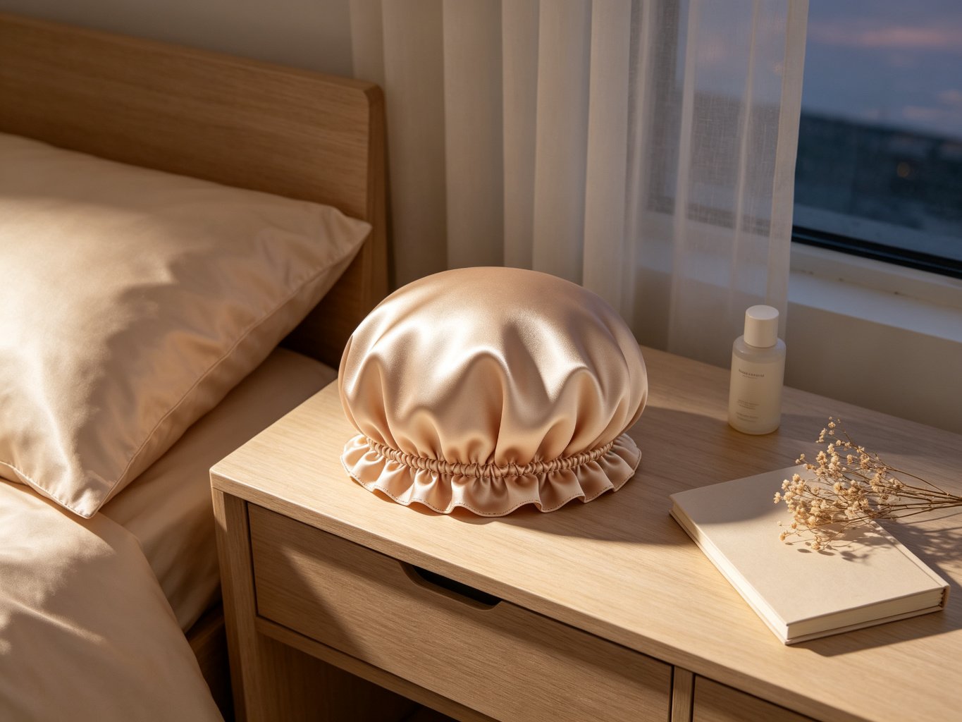 Satin sleep bonnet on a bedside table, custom color and logo for OEM hair care orders