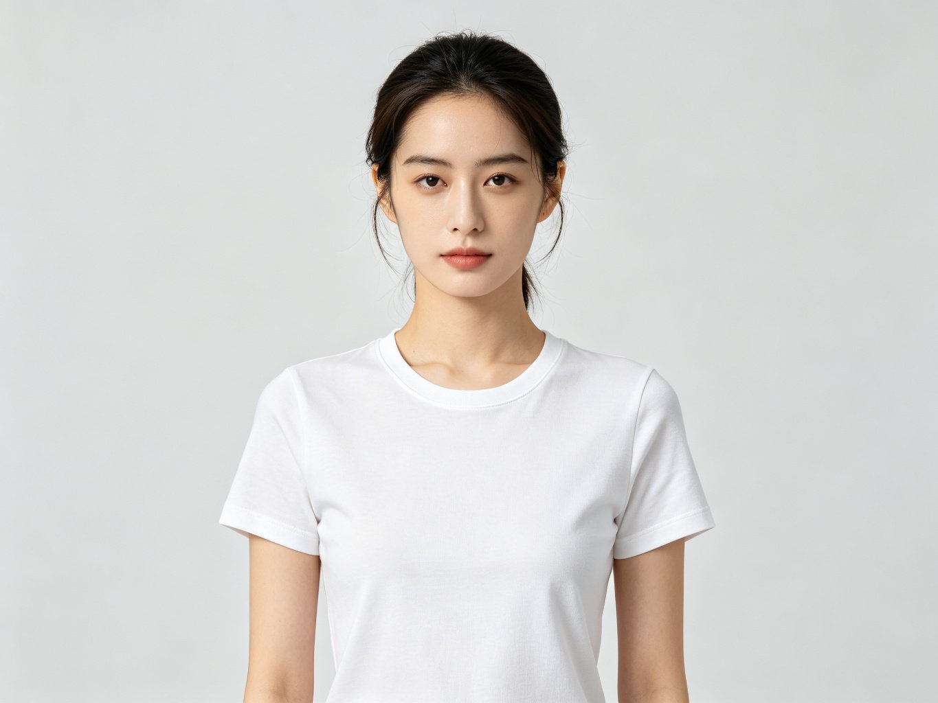 Front view of a white women's basic crew neck t-shirt, custom printing and labelling
