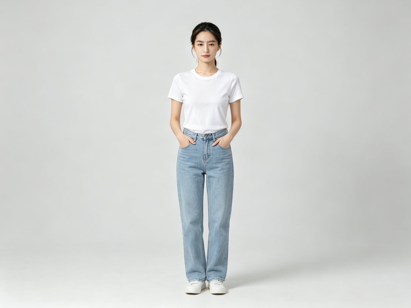 Basic crew neck t-shirt in white cotton blend for women, full-length studio view