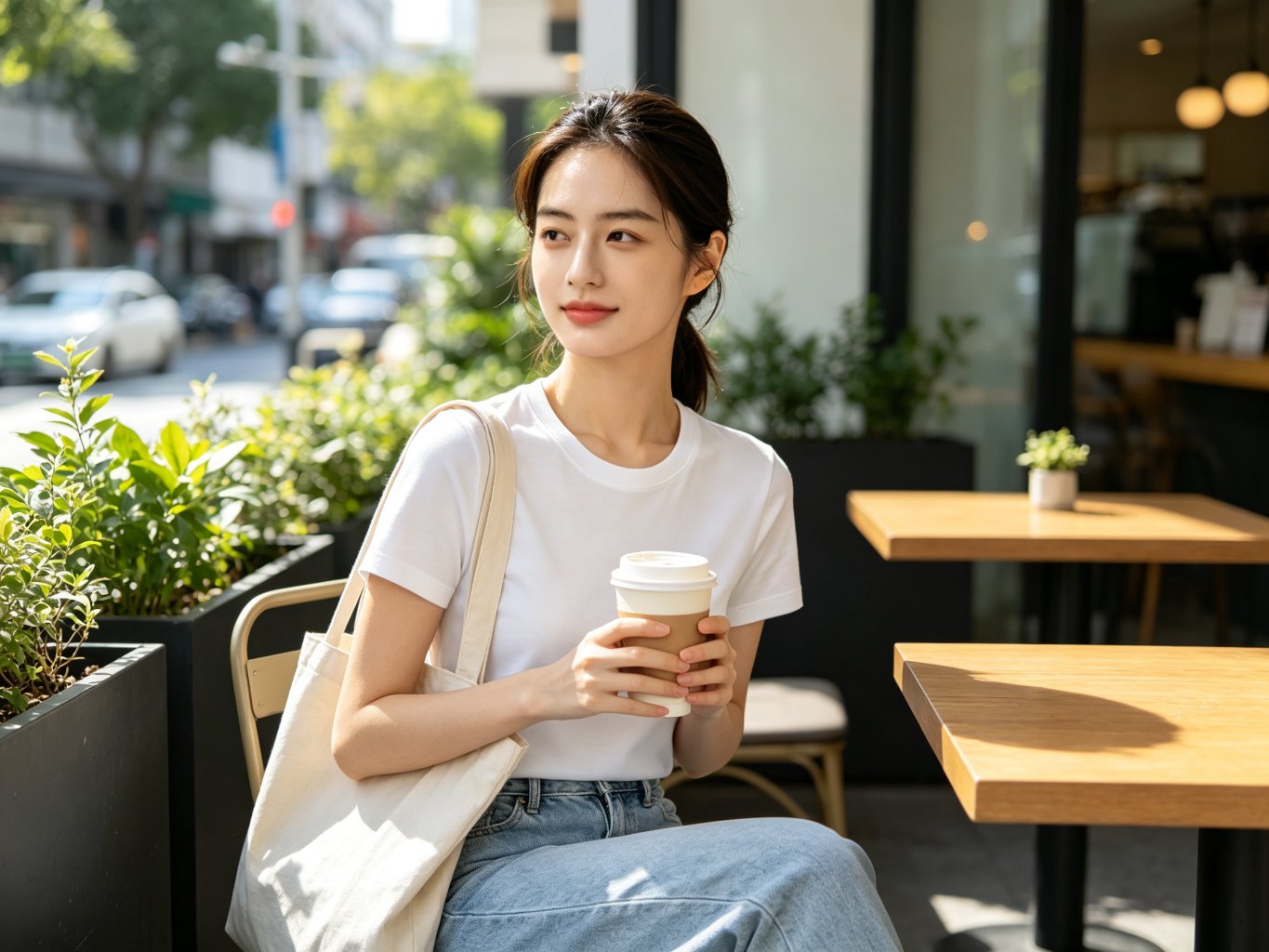 Woman wearing a white cotton crew neck t-shirt outdoors, private label t-shirt from China