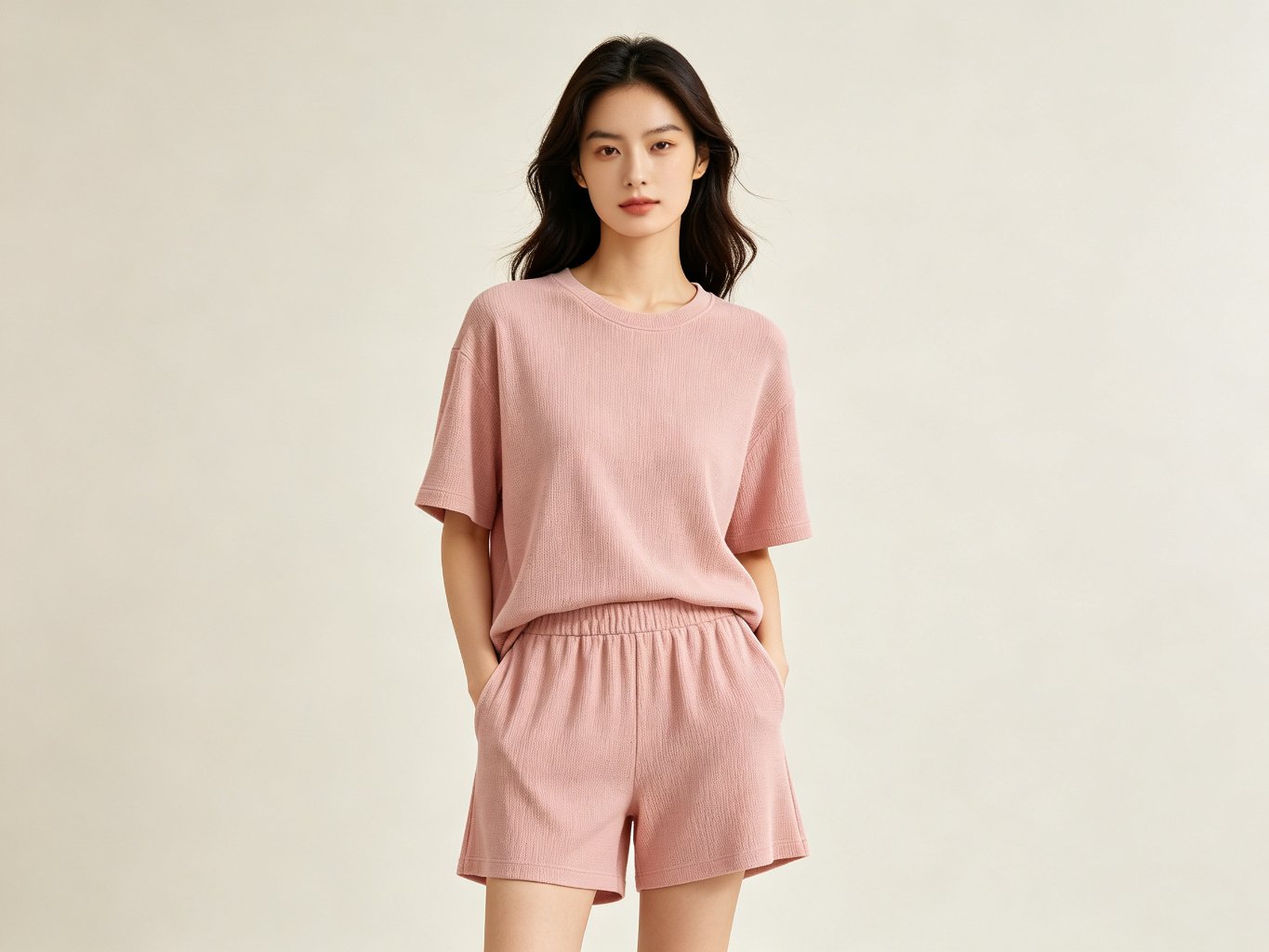 Women's short-sleeve pajama set in pink ribbed fabric, front view for wholesale buyers