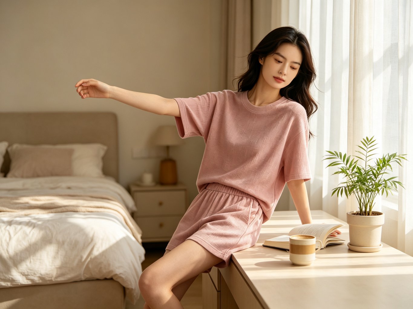 Pink short-sleeve pajama set worn by a model in a bright bedroom, OEM private label
