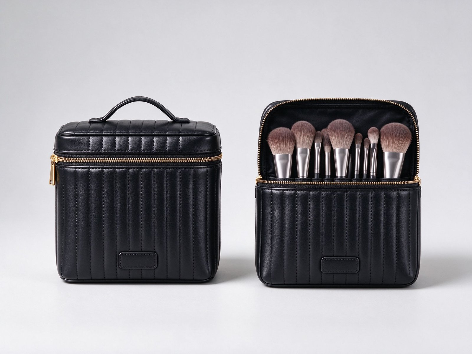 Wholesale makeup brush bag in black PU leather, shown open and closed with makeup brushes