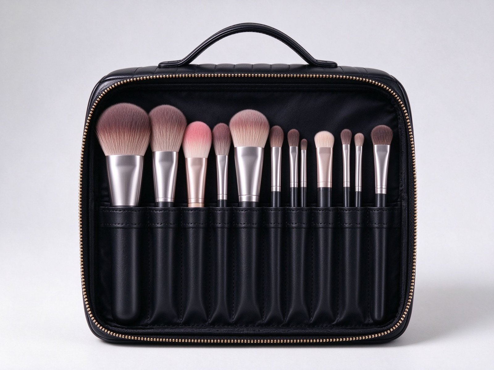 Makeup brush bag with individual slots holding several makeup brushes, custom logo option