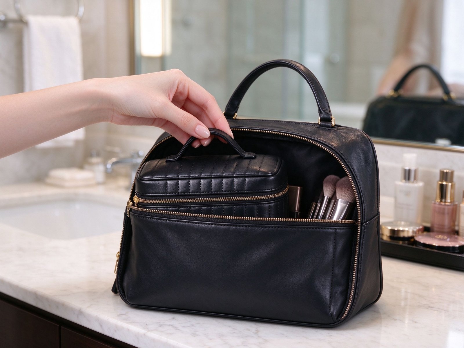 Hand opening the zip of a black quilted makeup brush bag, custom logo and packaging