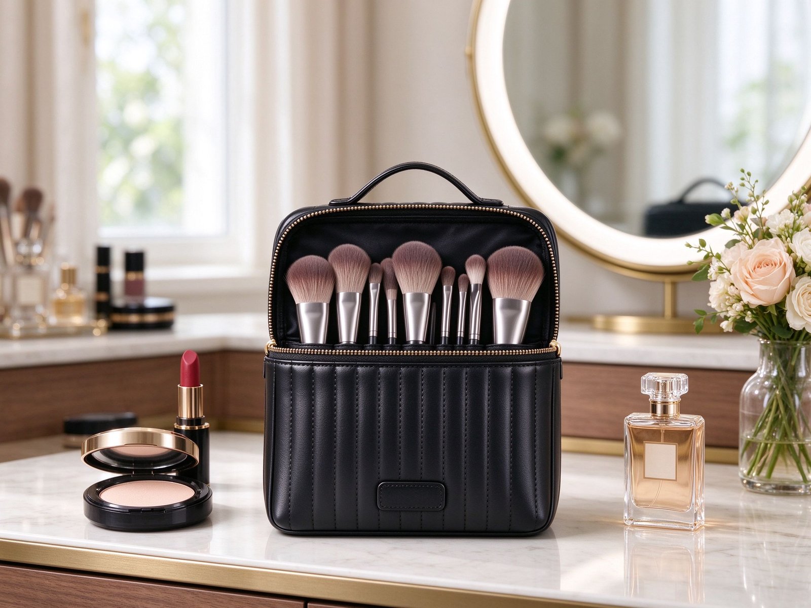 Makeup Brush Bag (leather, zip)